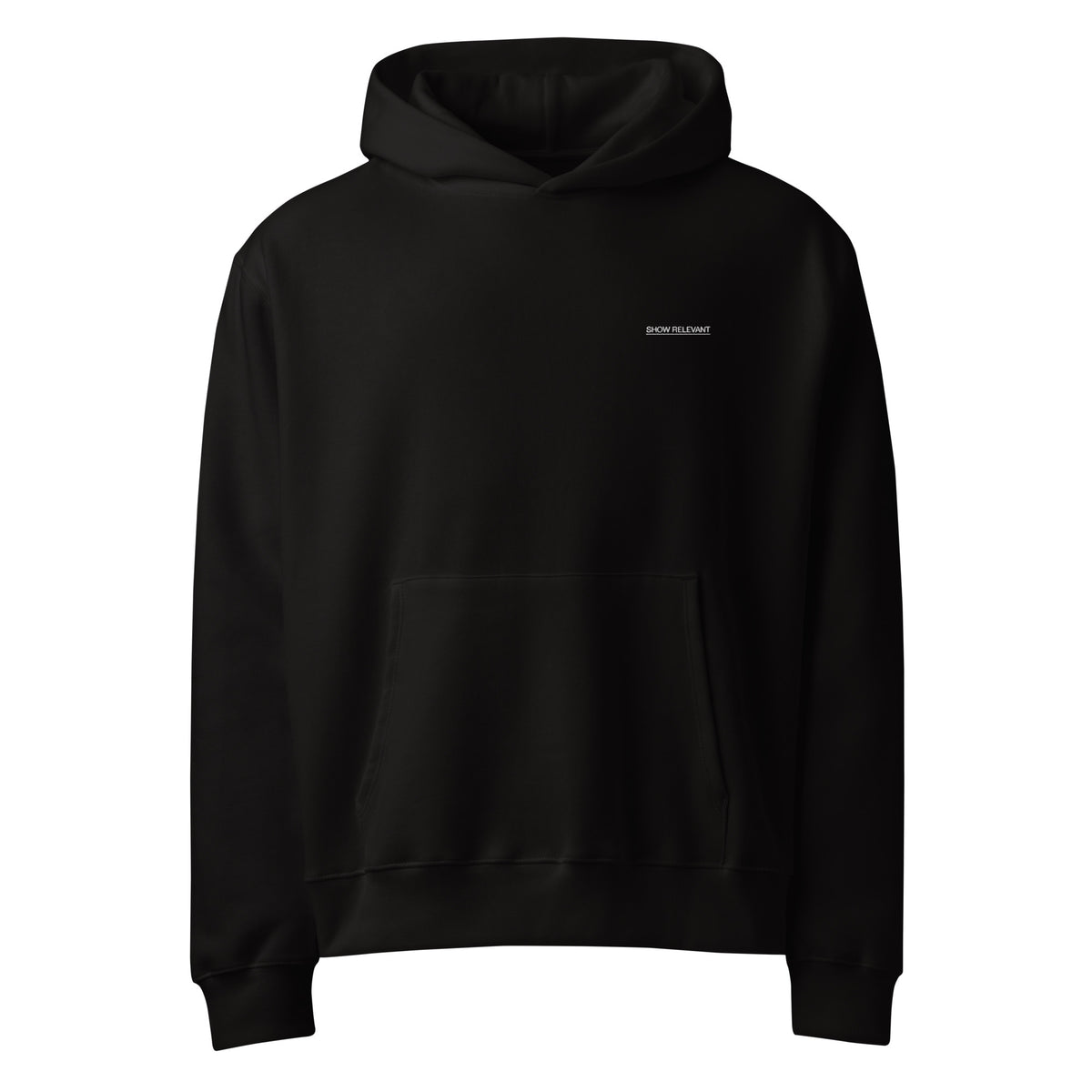 Showrelevant Oversized Hoodie in Schwarz mit SHOWRELEVANT-Logo – Frontansicht