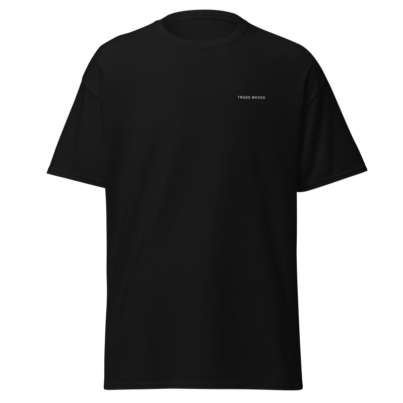 Truss Moves Shirt in Schwarz mit TRUSS-MOVES-Schriftzug – Frontansicht
